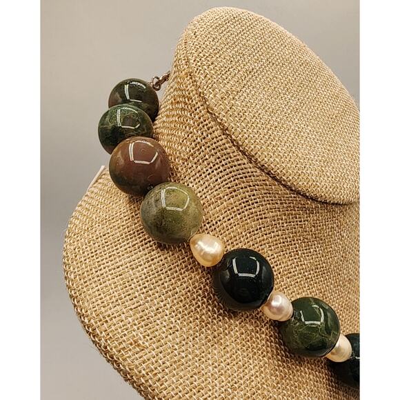 Artisan Gemstone Necklace Indian Agate Jasper Pearl w/ Sterling Clasp - Picture 6 of 8